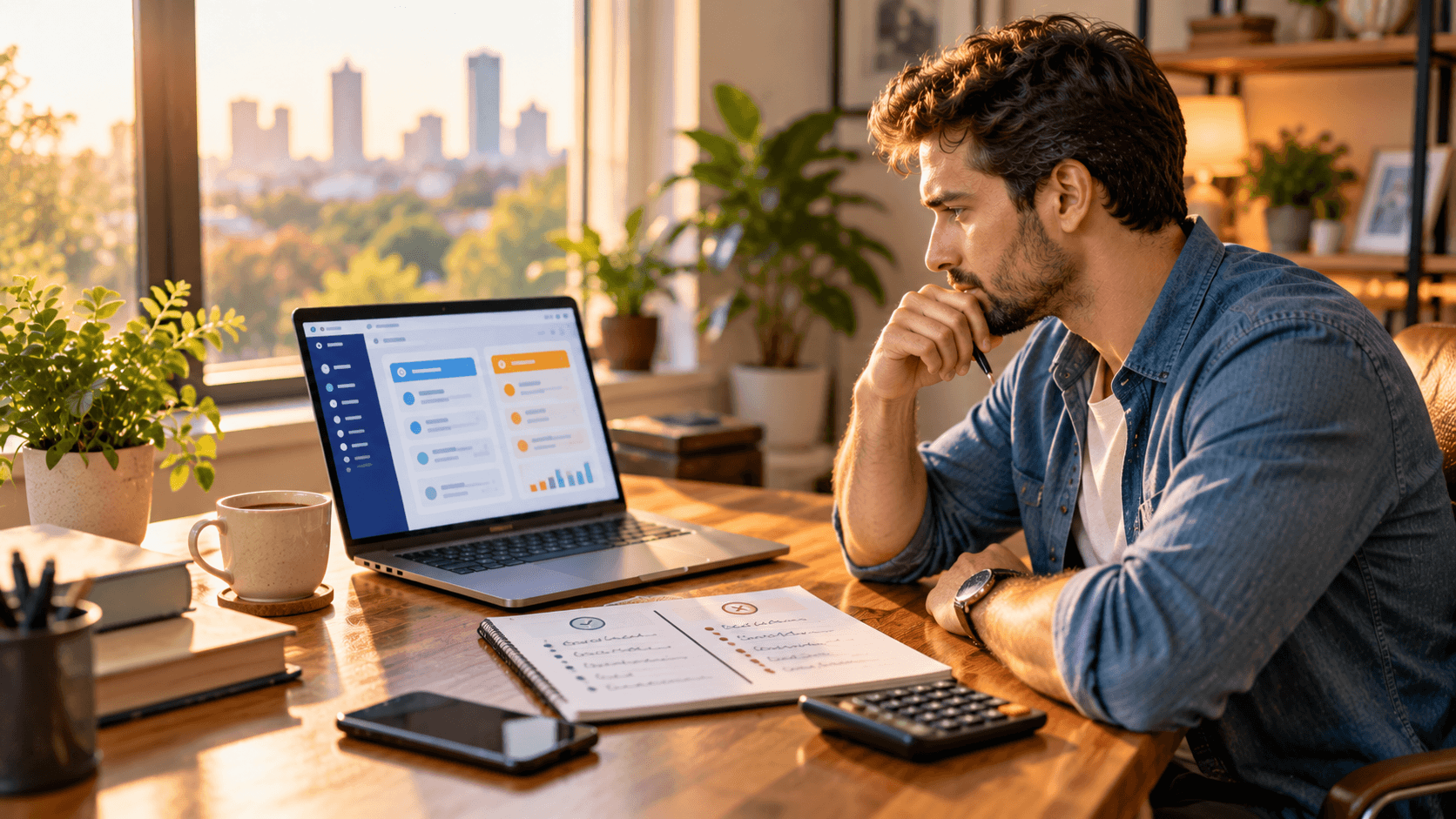 Blogger comparing Bluehost vs Hostinger web hosting on a laptop at a home desk