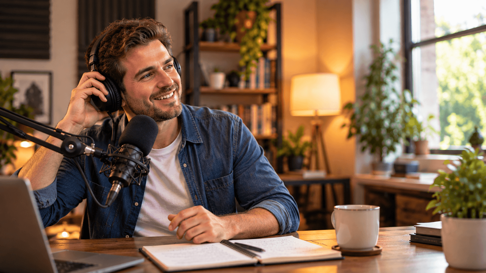 Podcast outro examples: host wrapping up a recording at a microphone