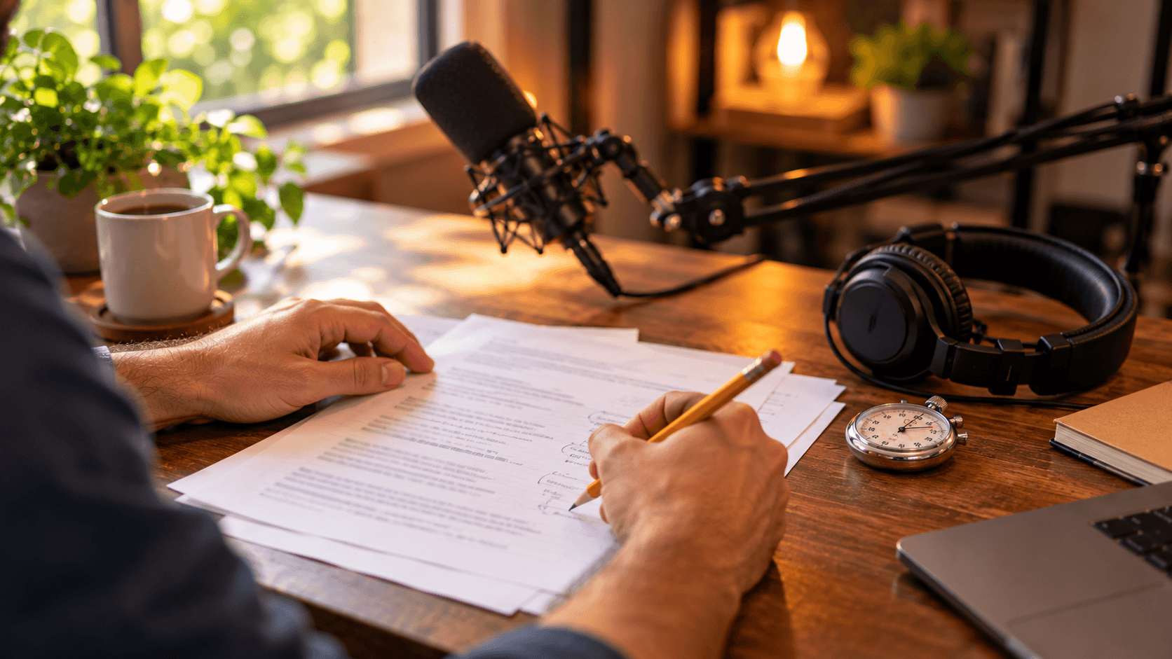 Podcast script template: hands marking time notes on a printed episode script