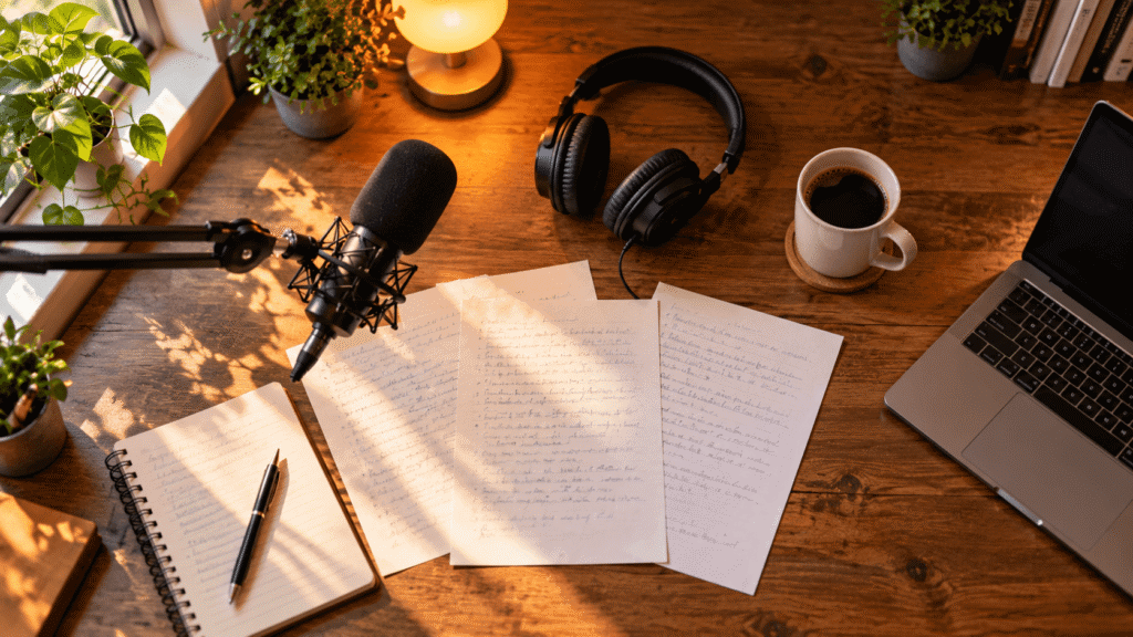 Podcasting guides: microphone, headphones and script pages on a desk